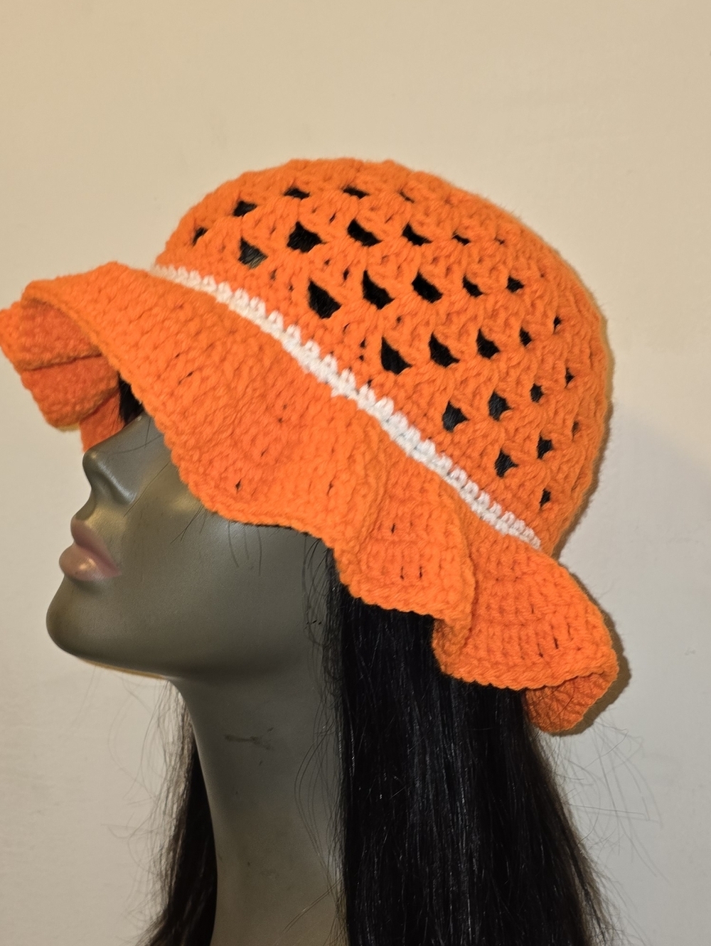 Vibrant Orange And White Crochet Bucket Hat.